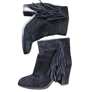 Kenneth Cole Booties Women's 7 Black Suede Leather Fringe Western Festival